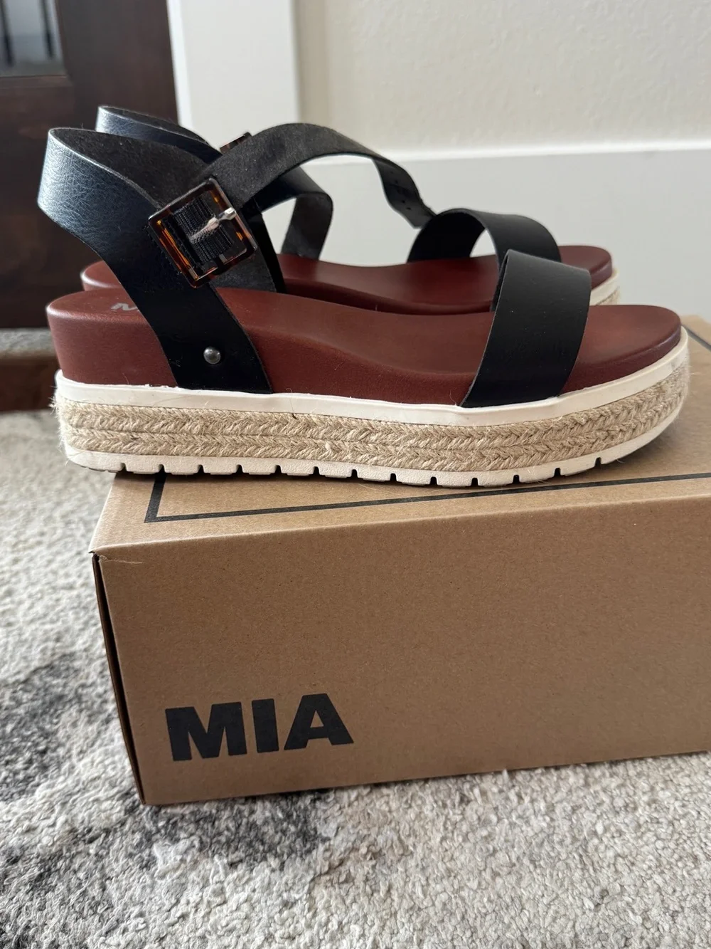MIA Black Leather Platform Espadrille Sandal with Brown Footbed